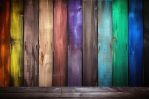Wooden planks in rainbow colors background texture created with technology. photo