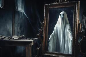 A ghost coming out of an old mirror created with technology. photo