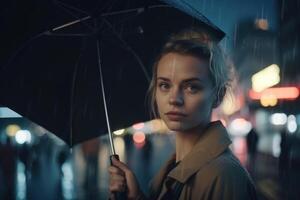 A young woman with an umbrella seen from behind walks in a modern city at night and heavy rain created with technology. photo