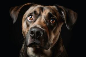 A portrait of a stunned dogs face with wide open eyes created with technology. photo