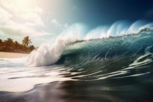 un gigante tsunami ola llegando a un tropical playa creado con generativo ai tecnología. foto