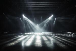 Empty stage with light beams background created with generative AI technology. photo