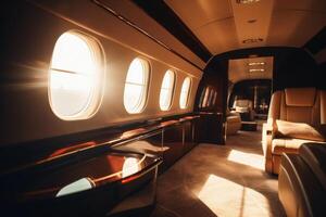 A first class area in a business jet with the sunset through a window created with technology. photo