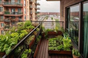 un pequeño vegetal jardín en un balcón en un grande ciudad creado con generativo ai tecnología. foto