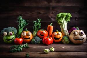 Different happy vegetables with eyes on a wooden background created with technology. photo