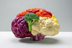 Side view of a human brain made of fresh vegetable on a white background created with technology. photo