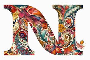 A very colourful and ornate letter N on a white background created with technology. photo