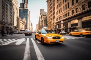 A yellow taxi in the streets of New York created with technology. photo