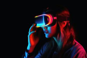mujer explorador virtual realidad en un cerca arriba neón colores creado con generativo ai tecnología. foto
