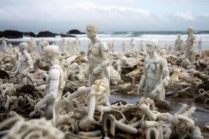 A swarm of evil plastic waste figures conquers the beach from the ocean created with technology. photo