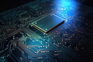 Abstract circuit design of a computer board created with technology. photo