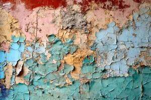 An old wall background with paint peeling in different colors created with technology. photo
