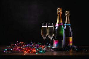 Champagne glasses and colourful streamers and glitter confetti on a happy new year background created with technology. photo