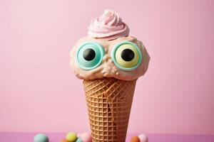 A happy smiling ice cream cone against a pastel background created with technology. photo