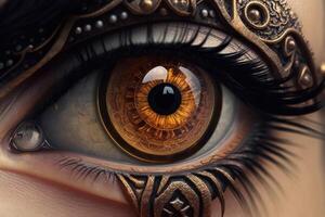 Close up of a female eye in steampunk style created with technology. photo