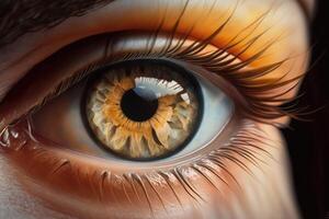 Close up of a female eye in steampunk style created with technology. photo