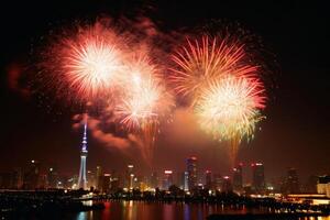 nuevo año fuegos artificiales en el ciudad antecedentes creado con generativo ai tecnología. foto