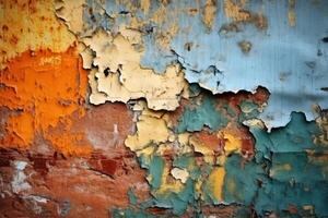 An old wall background with paint peeling in different colors created with technology. photo