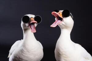 Two white goose singing a song created with technology. photo