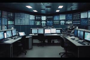 Inside a cctv control room with many monitors showing camera footage created with technology. photo