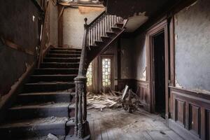Inside an abandoned haunted house created with generative AI technology. photo