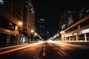 Low angle street view at night with long light trails long exposure created with technology. photo