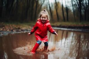 Happy little girl jumps in a puddle with rubber boots created with technology. photo