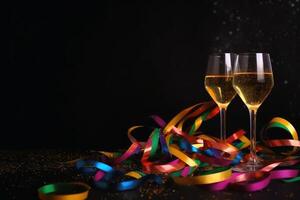 Champagne glasses and colourful streamers and glitter confetti on a happy new year background created with technology. photo