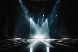 Empty stage with light beams background created with technology. photo