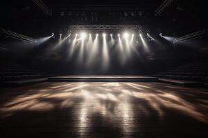 Empty stage with light beams background created with technology. photo