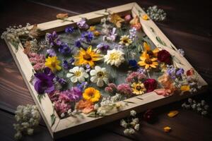 A highly decorated wooden frame with small flowers created with technology. photo