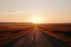 un solitario Derecho la carretera en el americano paisaje a puesta de sol creado con generativo ai tecnología. foto