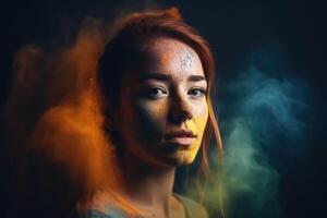 Exploding colour powder in rainbow colours forming a portrait of a beautiful young woman created with technology. photo