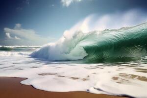 A giant tsunami wave arriving at a tropical beach created with technology. photo