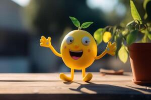A happy lemon with eyes arms and legs standing in the sun created with technology. photo