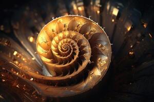 Golden spiral digital artwork created with technology. photo