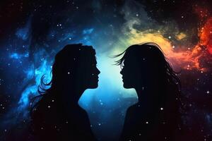 Man and woman astral silhouettes concept at cosmic background created with technology. photo