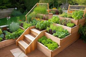 An innovative design for a raised bed in a garden created with technology. photo