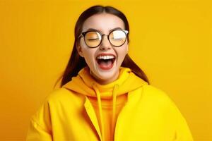 retrato de un sorprendido mujer en brillante ligero creado con generativo ai tecnología. foto