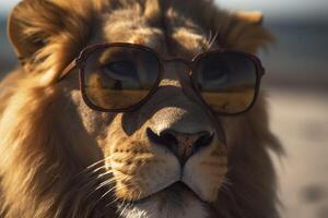 león en el playa con Gafas de sol. generativo ai. foto