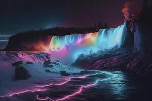 Neon waterfall. Water illuminated by multicolored light. . photo