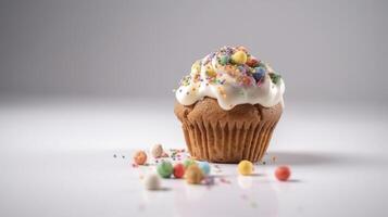 Muffin decorated with icing and sprinkles. . photo