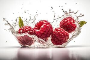 Raspberries and water splashes. . photo