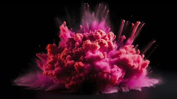 Explosion of pink powder on black background. . photo