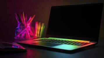 Laptop in neon colors. . photo