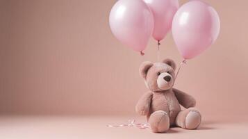 Teddy bear with balloons. Copy space. . photo