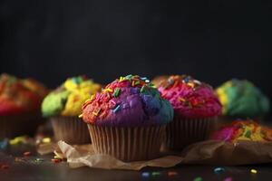 Rainbow muffins decorated with sprinkles. . photo