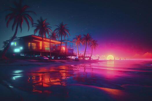 Sea coast in neon colors. . photo