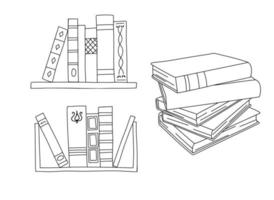 Vector line books on bookshelf. Outline illustration set. Books stack line icon isolated on white