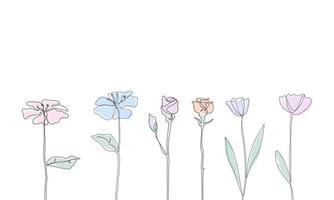 Set of colorful abstract flowers in continuous line contour drawing style. vector